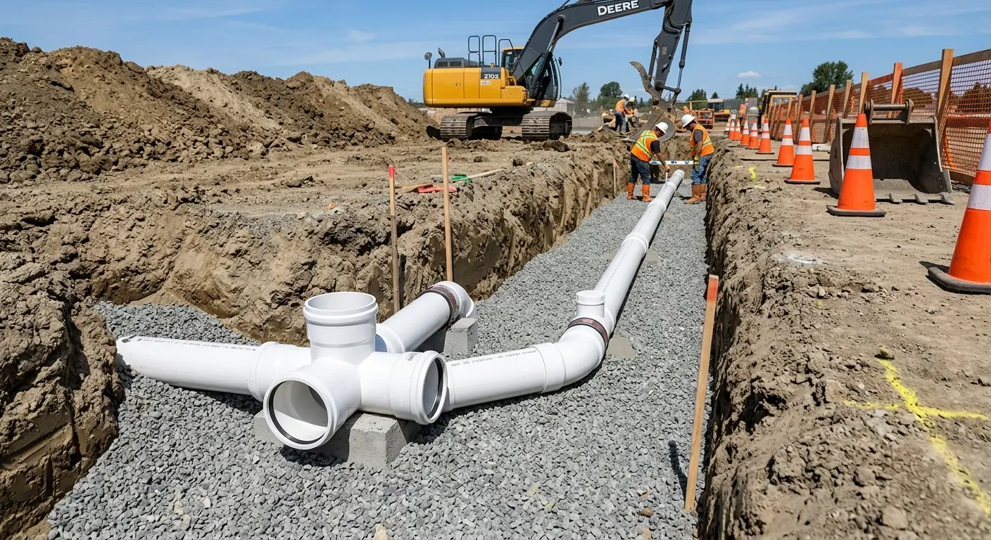 New PVC sewer pipe installation in open trench for Commercial Drain Cleaning in Shawangunk