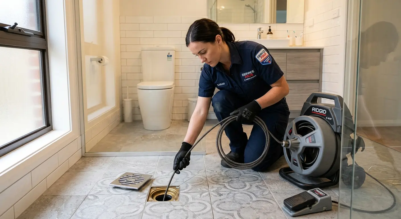 Technician clearing a bathroom floor drain for Hydro Jetting in Shawangunk